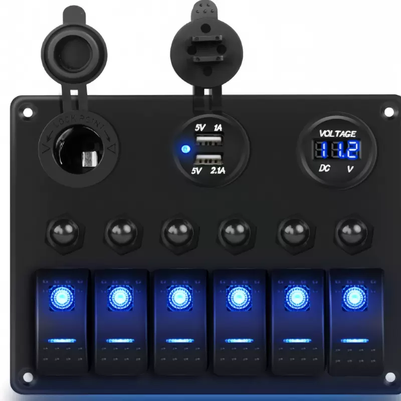 6位防水面板开关船用断路器12-24V数字电压表测试仪灯切换双USB