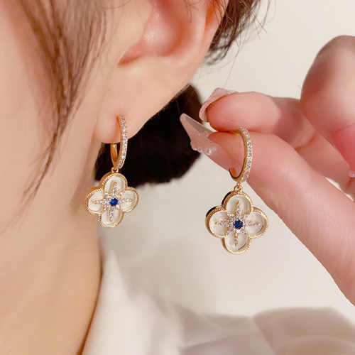 S925 Silver Needle Korean-Chinese Style Fashion Light Luxury C-Shaped Earrings for Women with Zirconia Star and Four-Leaf Clover Drop Earrings Wholesale