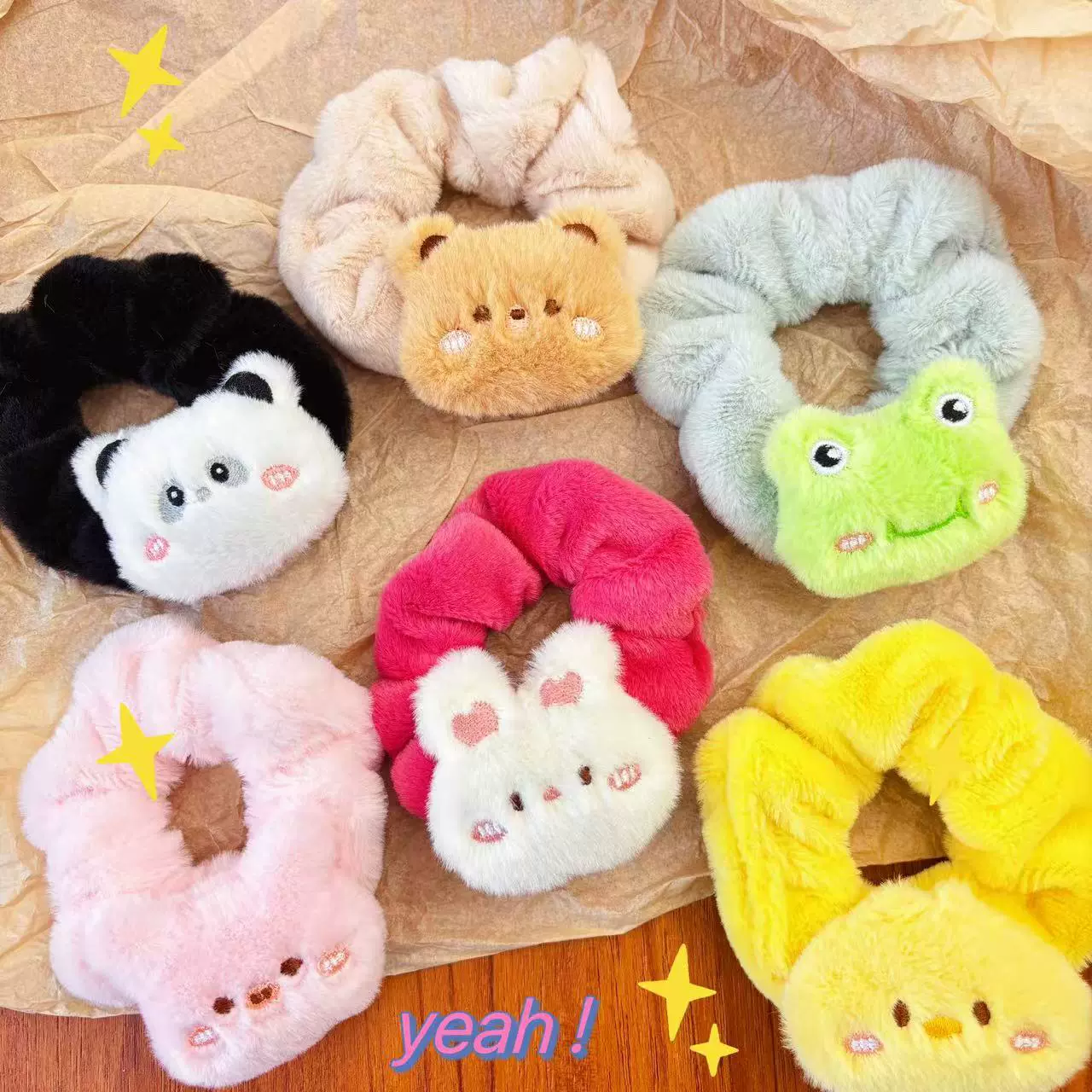 卡通动物毛绒大肠发圈兔毛动物小熊头圈白兔学生发绳秋冬女孩头饰