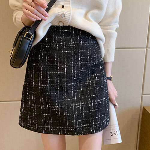 chanel style plaid wool skirt women's autumn and winter dress new fashionable high-waist all-matching hip skirt
