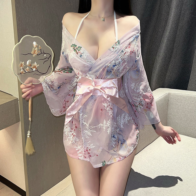Sexy Lingerie Women's Kimono Bathrobe Printed Japanese-Style Bow Sexy Pajamas Charming Kimono Set 2589