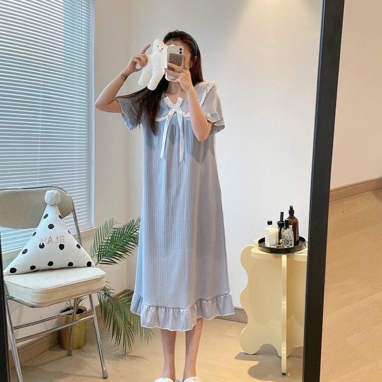Pijama de verano de mangas cortas cuello de muñeca dulce hadas corte coreana estudiante pijama princesa vestido de viento