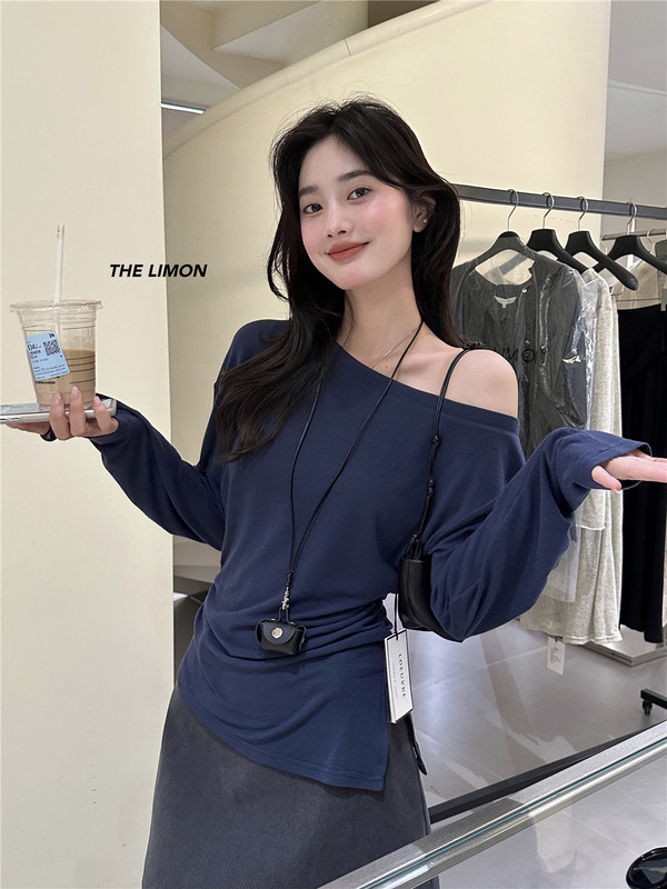 the limon柠檬绿茶2025秋季新款设计感斜肩长袖T恤女收腰显瘦上衣|undefined