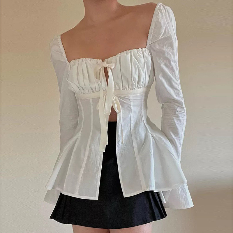 Aliexpress Good Stand White Shirt Women's Slim Fit Ruched Tie Corset Flared Long Sleeve Top Y2K Aliexpress Good Stand White Shirt Women's Slim Fit Ruched Tie Corset Flared Long Sleeve Top Y2K