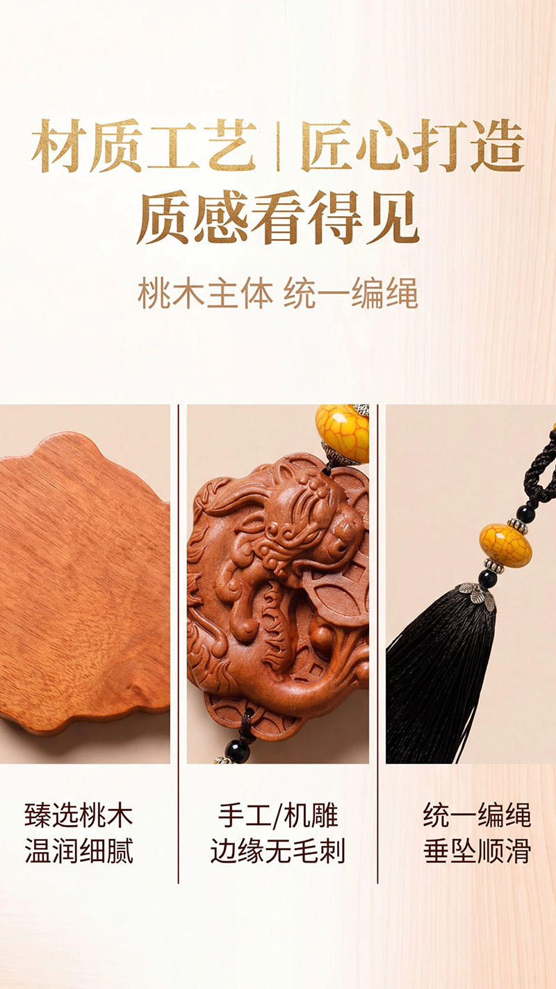 Peach wood pendant, peace amulet, double Pixiu wood carving, car hanging ornament, safe journey, five blessings, car pendant, hand-held ornament