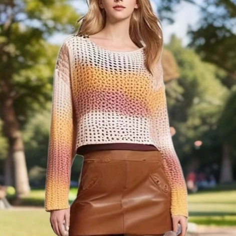 2025 новый женский пуловер с градиентными цветными блоками, круглым вырезом, длинными рукавами и вырезами, повседневный модный свитер, обработка и индивидуальный пошив