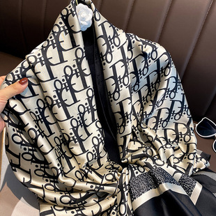 2023 New Summer Sun Protection Silk Scarf for Women Brocade Printed Extended Shawl with Decorative Scarf Beach Towel