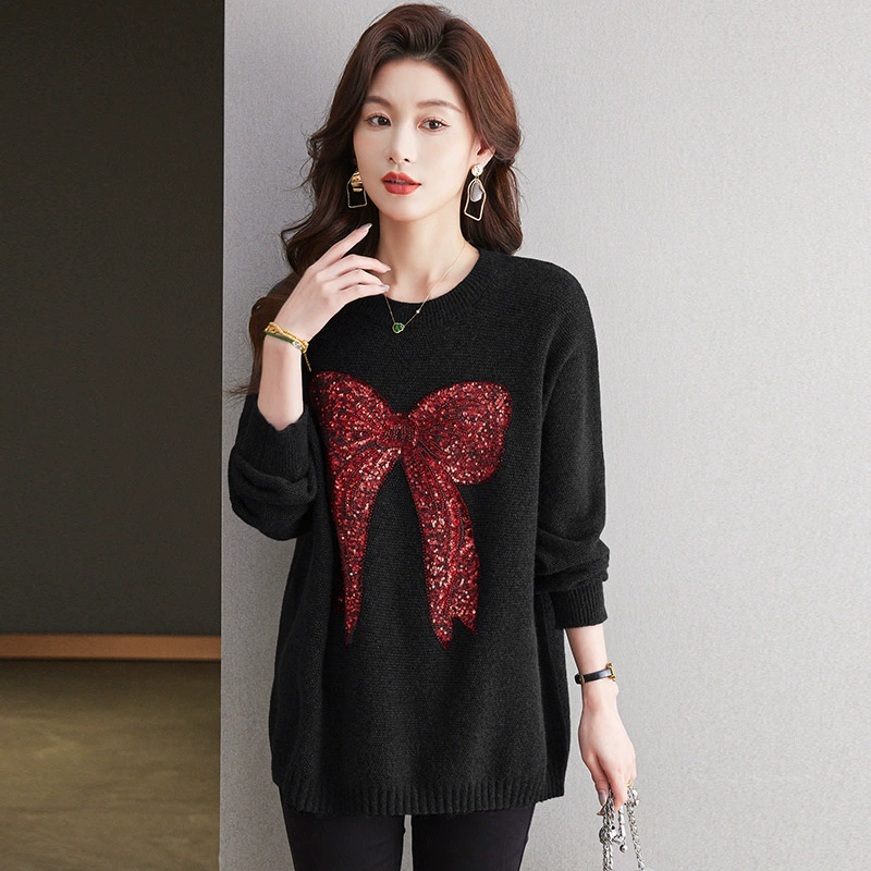Nail sequins, demi-season knitted sweater with bow for leisure, with embroidery, oversize, fitted