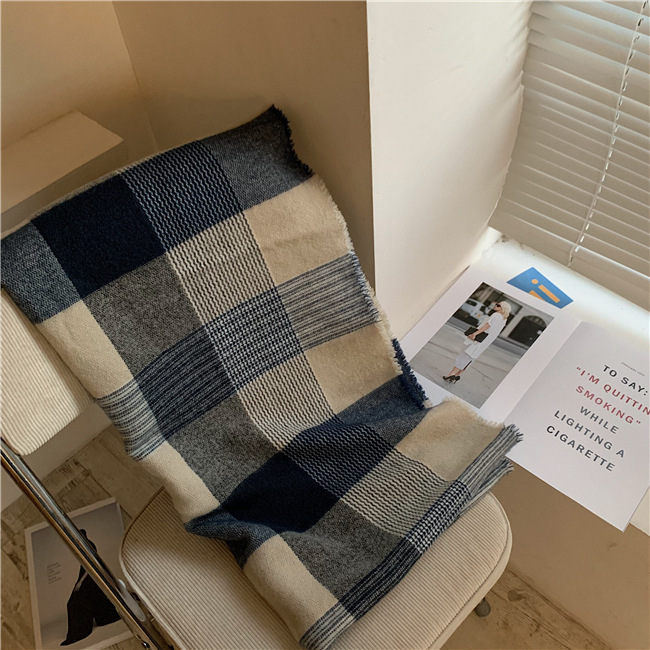 Sciarpa a quadri blu bianco super morbida per le donne in autunno inverno, spessa e calda, sciarpa in imitazione cashmere, coreana_voghion.com