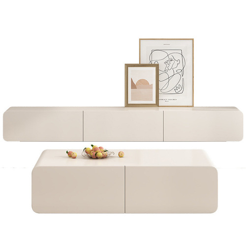 Italian minimalist cream style TV cabinet and coffee table combination modern simple small apartment white painted TV floor-standing