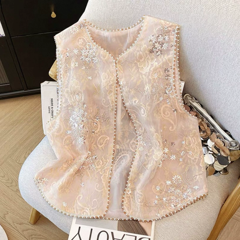 Новые легкие топы и жилеты в китайском стиле на весну и лето, новые тонкие женские жилеты с тяжелой вышивкой бисером в китайском стиле