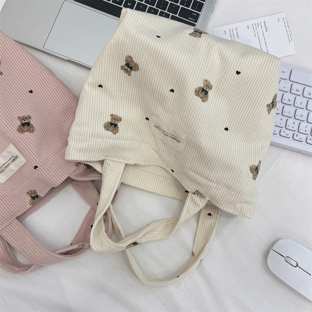 Women's Gender Women's Corduroy Little Bear Cute Square Open Tote Bag