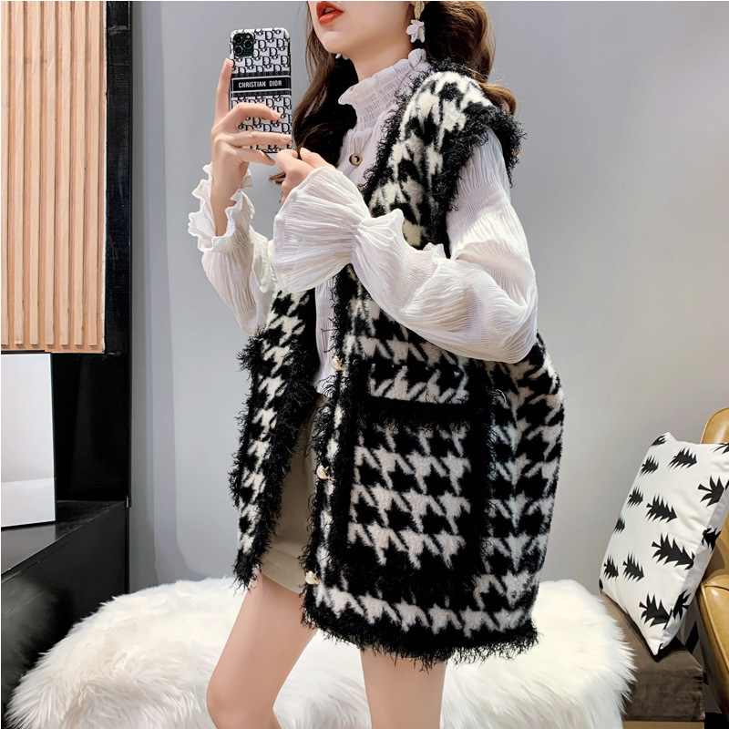 千鸟格马甲外套女春秋宽松加厚中长款仿水貂绒针织背心外搭ins潮
