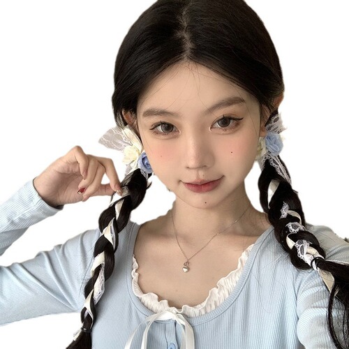 Sweet and cute ribbon bow hair clip double ponytail clip with flowing ribbon braid hair pin forehead clip for young girls, Japanese and Korean hair accessories