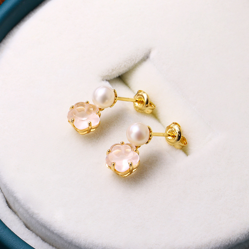 2025春季新款樱花套装 925银粉水晶天然珍珠流苏耳坠耳环女防过敏