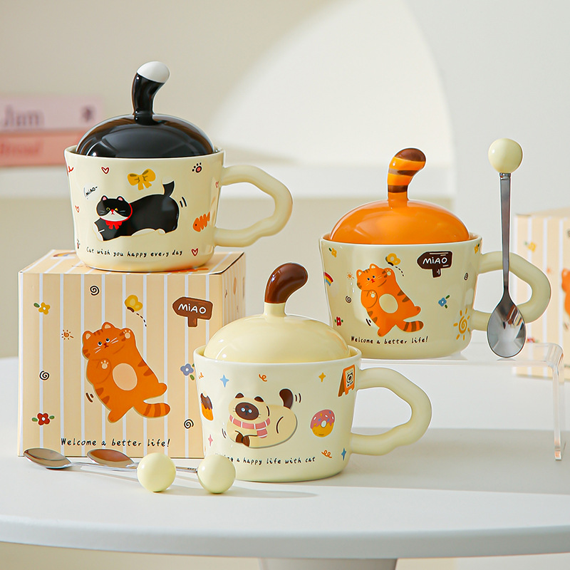 Divertido gato de dibujos animados tazas con cubierta de oficina adorable ins tazas de cerámica tazas de regalo creativas personales