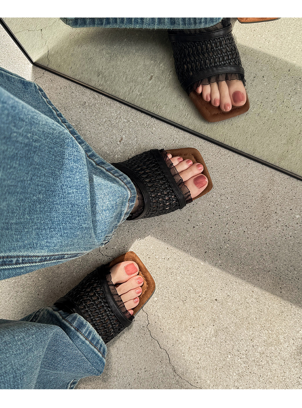 Sandal cao gót nữ quai ngang đan móc hở mũi mũi vuông gót cao — màu đen, màu trắng ngà chi tiết 10