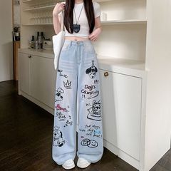 漫画の子犬落書きプリントワイドレッグジーンズ女性のダメージウォッシュハイウエストルーズカジュアルストレートロングパンツトレンディ