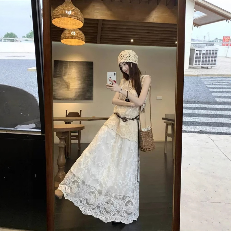 High-grade Heavy Industry Hollow Crochet Lace Half-length Dress 2025 Summer and Autumn New Fashion Elegant Solid Color Long Dress