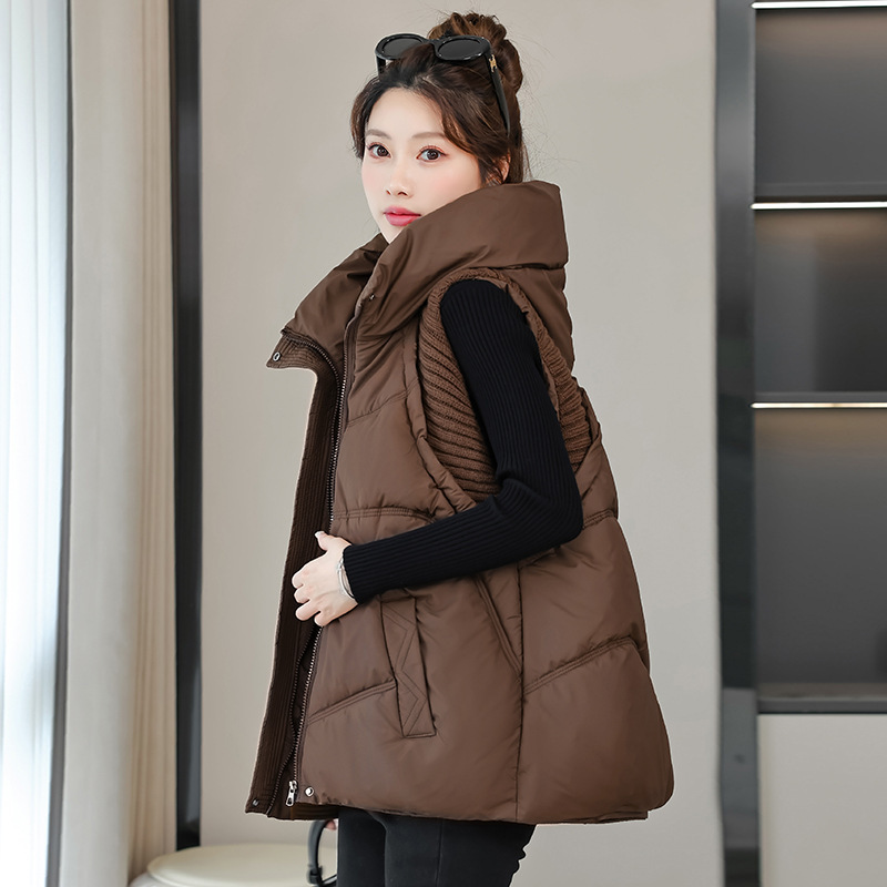 Autumn and Winter New down Cotton Vest Knitted Splicing Hooded Sleeveless Cotton Vest Women's Waistoutwear Jacket Cotton Vest