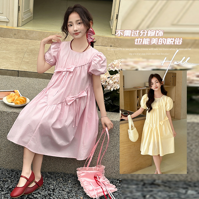 Girls' dress Summer 2025 New Style Big Girls' Fashionable Bow Stitching Sweet Puff Sleeve Princess Dress Trendy