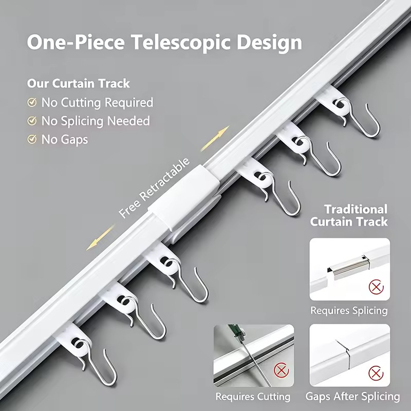 Cross-border retractable curtain track in white with adjustable sliding system and heavy-duty rollers, modern decorative style