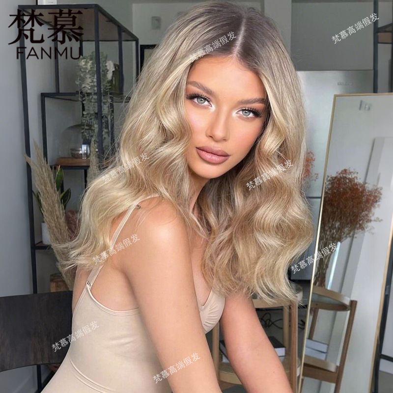 Cross-Border Gradient Big Wave Long Curly Hair Real Human Hair Wig, European and American High-End White People's Glue-Free Full Wig