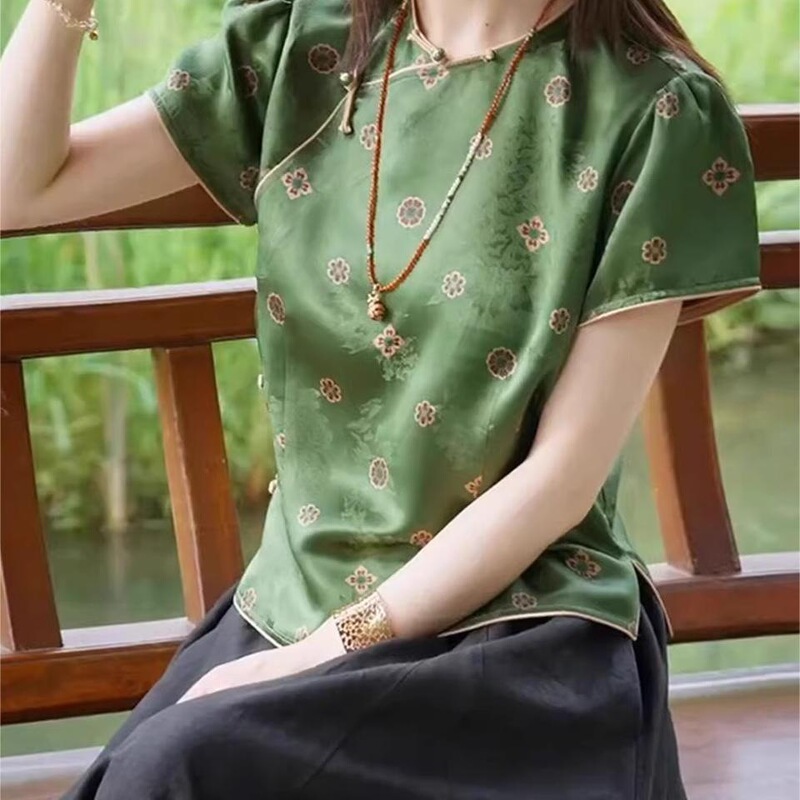2026 Summer New Chinese-Style National Style Green Printed Short-Sleeve T-Shirt for Women, Trendy Niche Design with Diagonal Placket and Button Closure