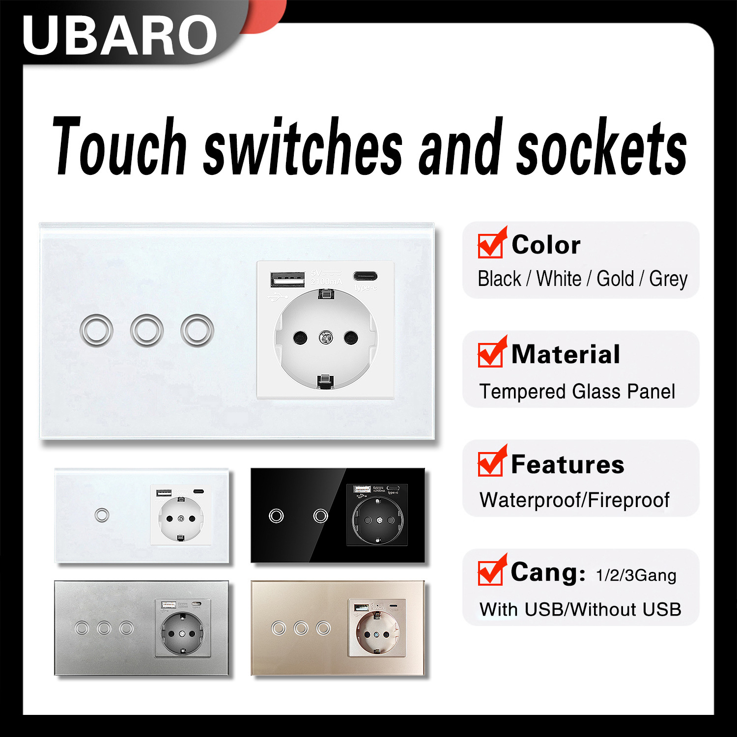 外贸146型欧规触摸开关插座双圆形钢化玻璃面板暗装感应开关插座