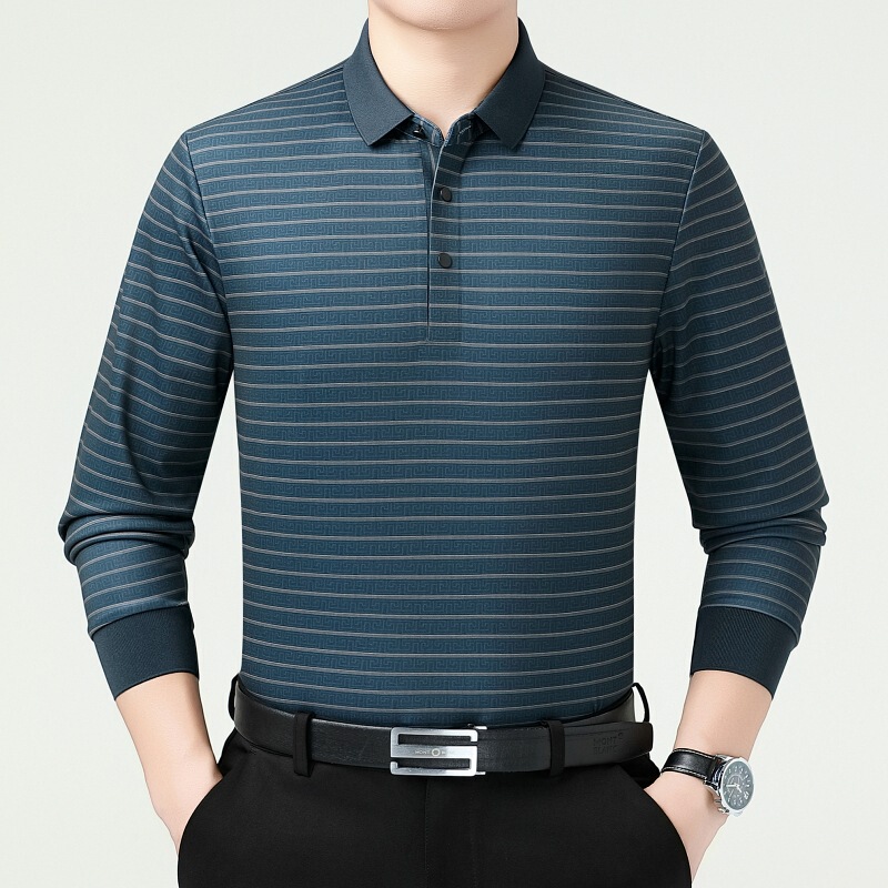 Brand Men's Lapel T-Shirt Spring and Autum Mulberry Silk Long-Sleeved Stripesd Middle-Aged Loose Top Bottoming Polo Shirt