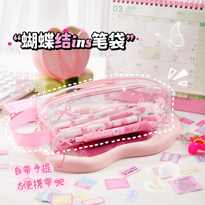 Bolsa de lápices transparente con lazo de alto valor, estilo ins, bolsa de papelería para estudiantes de gran capacidad, nueva caja de lápices impermeable portátil