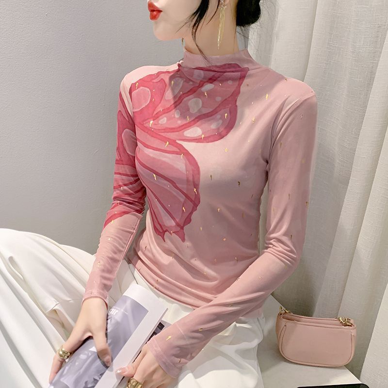 Şık ZarafetŞık ZarafetŞık ZarafetŞık Moda Avrupa Tarzı Baskılı İç Katman 2025 Yeni Trend Yüksek Yakalı File Üst Slim Fit Uzun Kollu Kadın Tişörtü_voghion.com