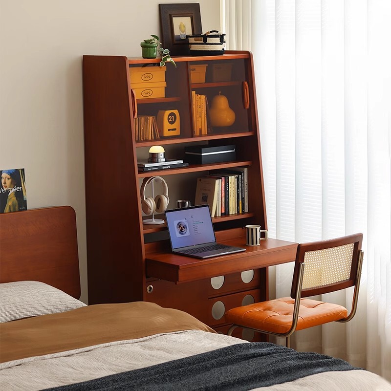 Middle Ancient Retractable Desk Bookcase Integrated Cabinet Small Apartment Household Sideboard Drawback Boxwood Computer Desk Storage Cabinet