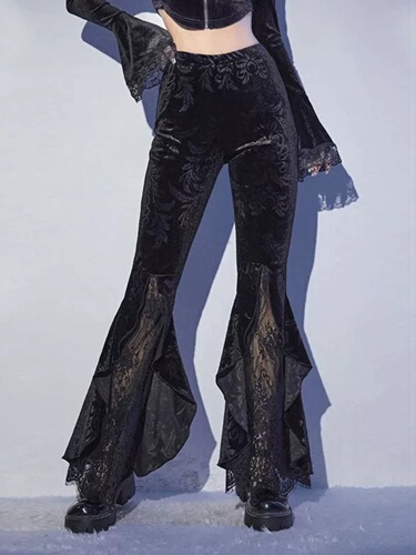 Solid color lace patchwork mesh pants women's solid color lace stitching mesh pants
