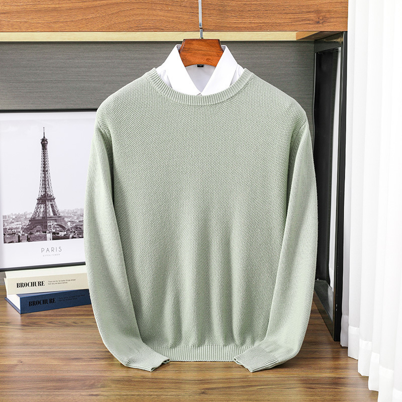 Business Casual Men's Long-Sleeved Round-Neck Pullover Sweater 100% Pure Cotton Knitted Top for Light Business