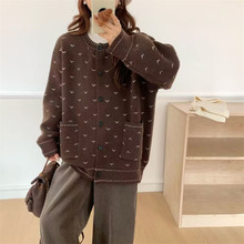 法式甜美卡通提花针织开衫女秋季大码胖MM显瘦宽松设计感毛衣外套