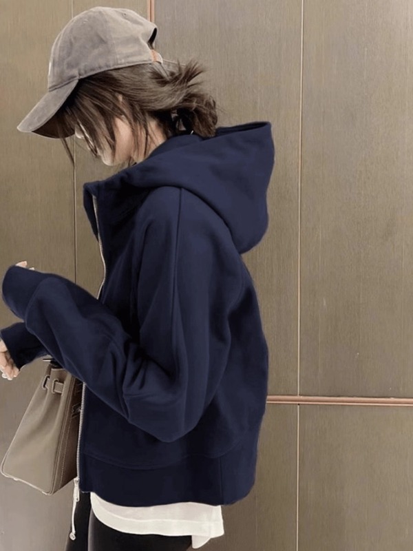 灰色短款连帽卫衣拉链初秋外套女春秋修身小个子韩系开衫上衣秋季|undefined