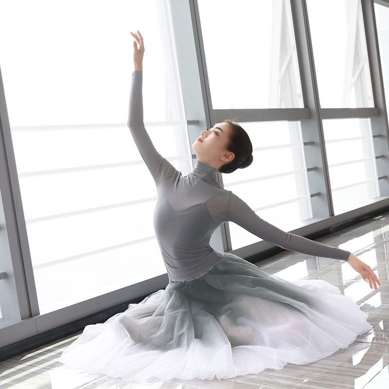 Ballet práctica ropa de las mujeres adultas danza moderna cuello alto manga larga yoga clásica gasa traje superior