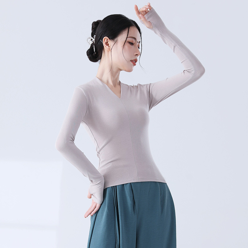 モダンダンス練習着 女性用 新型 Vネック スリムフィット 半袖ニットトップス 中国舞踊 日常体操 ダンスウェア|undefined