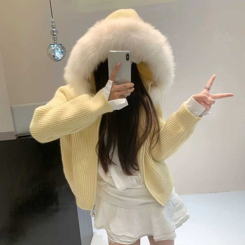 2025 New Autumn and Winter Large Size Slimming Look Double Zipper Knitted Cardigan Top Large Fur Collar Hooded Sweater Jacket for Women