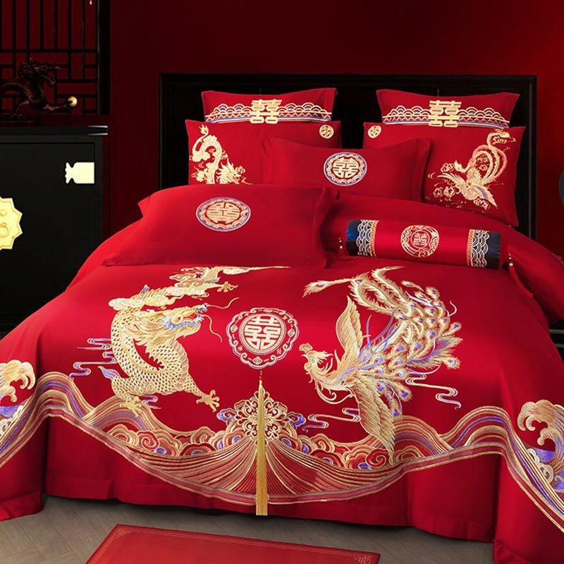 Cuatro piezas de boda china dragón-fénix bordado sábanas de boda rojas casa de boda colcha de cama image 36