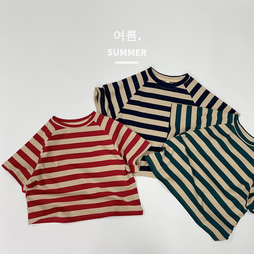 Korean style children's striped short-sleeved T-shirt summer new style casual short-sleeved bottoming shirt for boys and girls baby