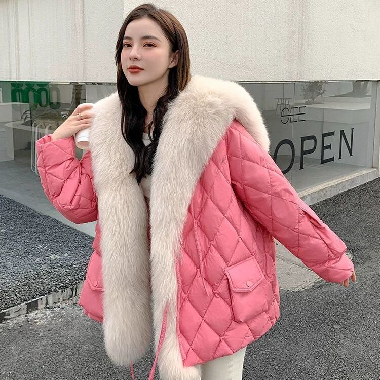 欧美2025年冬季新款大仿狐狸毛领羽绒棉服女皮草外套女保暖中长款|undefined