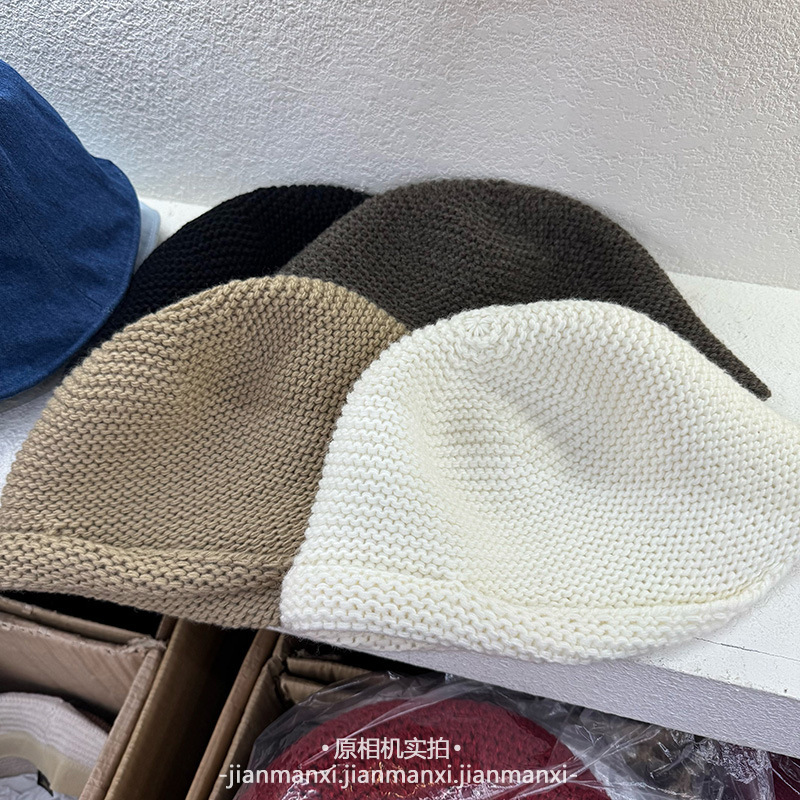 纯色简单针织卷边水桶帽子女秋冬复古咖色大头围套头帽渔夫帽|undefined
