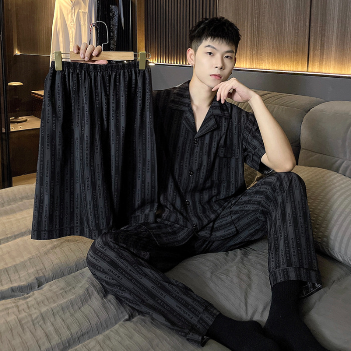 Pijama a rayas para hombres primavera y otoño verano hielo manga corta pantalones largos de tres piezas set de seda real ropa delgada suelta para el hogar