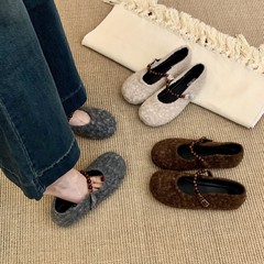 灰色玛丽珍鞋子女2025春秋季新款法式一字带复古气质呢子平底单鞋