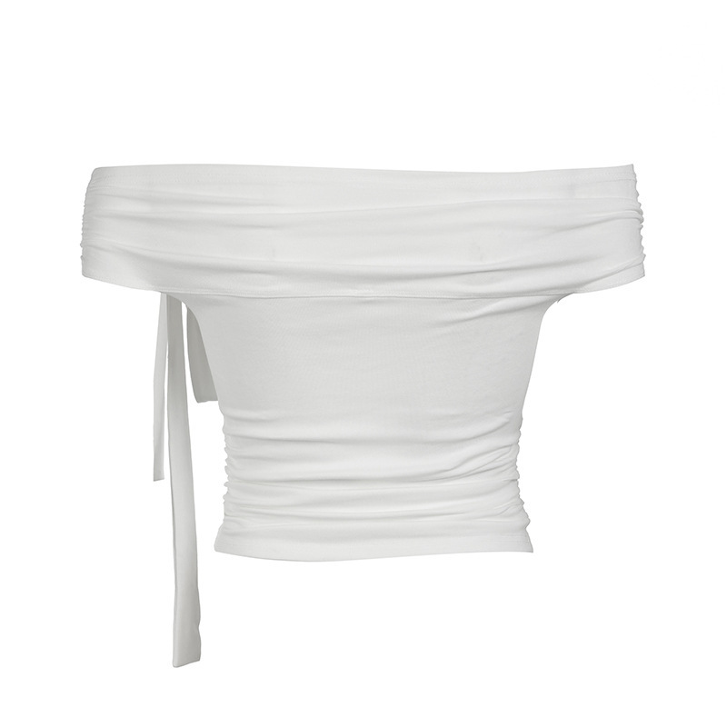 2026 Korean Version Of Chic Design Sense Asymmetrical Knotted Straps Off-the-shoulder T-shirt Pleated Waist Versatile Knitted Top_ecoleips.com
