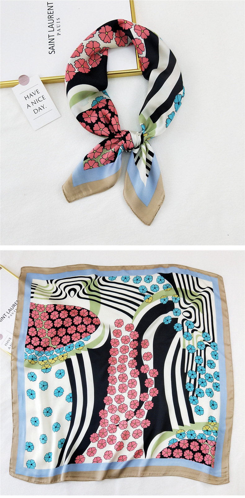50g Weight Silk Scarf Classification Travel Occasion Silk Material Unisex Gender Printing Design Sweet Style Khaki, Grey, Purple, Red, Green, Blue, Camel, Yellow, Black Color Korean Printing Silk Square Scarf Wholesale 4