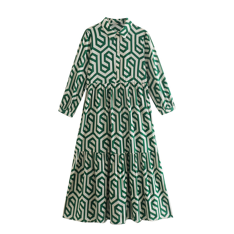 2022 European And American Style Spring Women's Long-sleeved Lapel Green Geometric Pattern Printed Shirt Dress 2183049