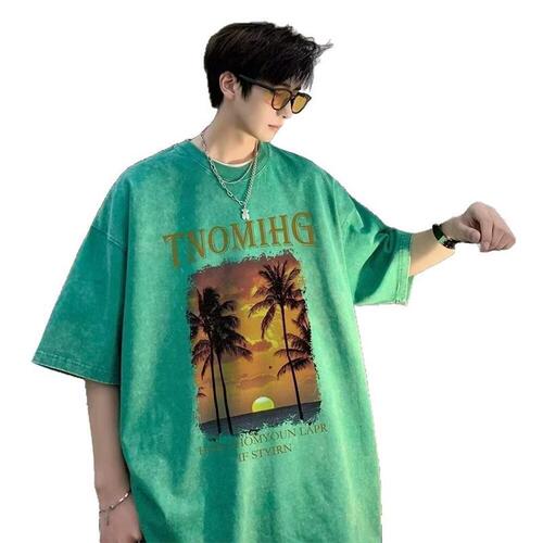 Men's Summer Supply Wash T-Shirt, Korean Style Trendy Print Half-Sleeve Top, Loose Casual Streetwear Brand